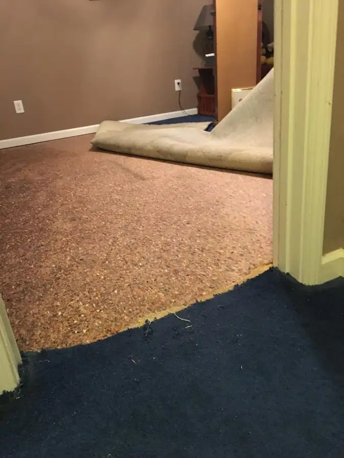 Carpet pad removal revealing water damage during Water Mitigation Services in Black Diamond